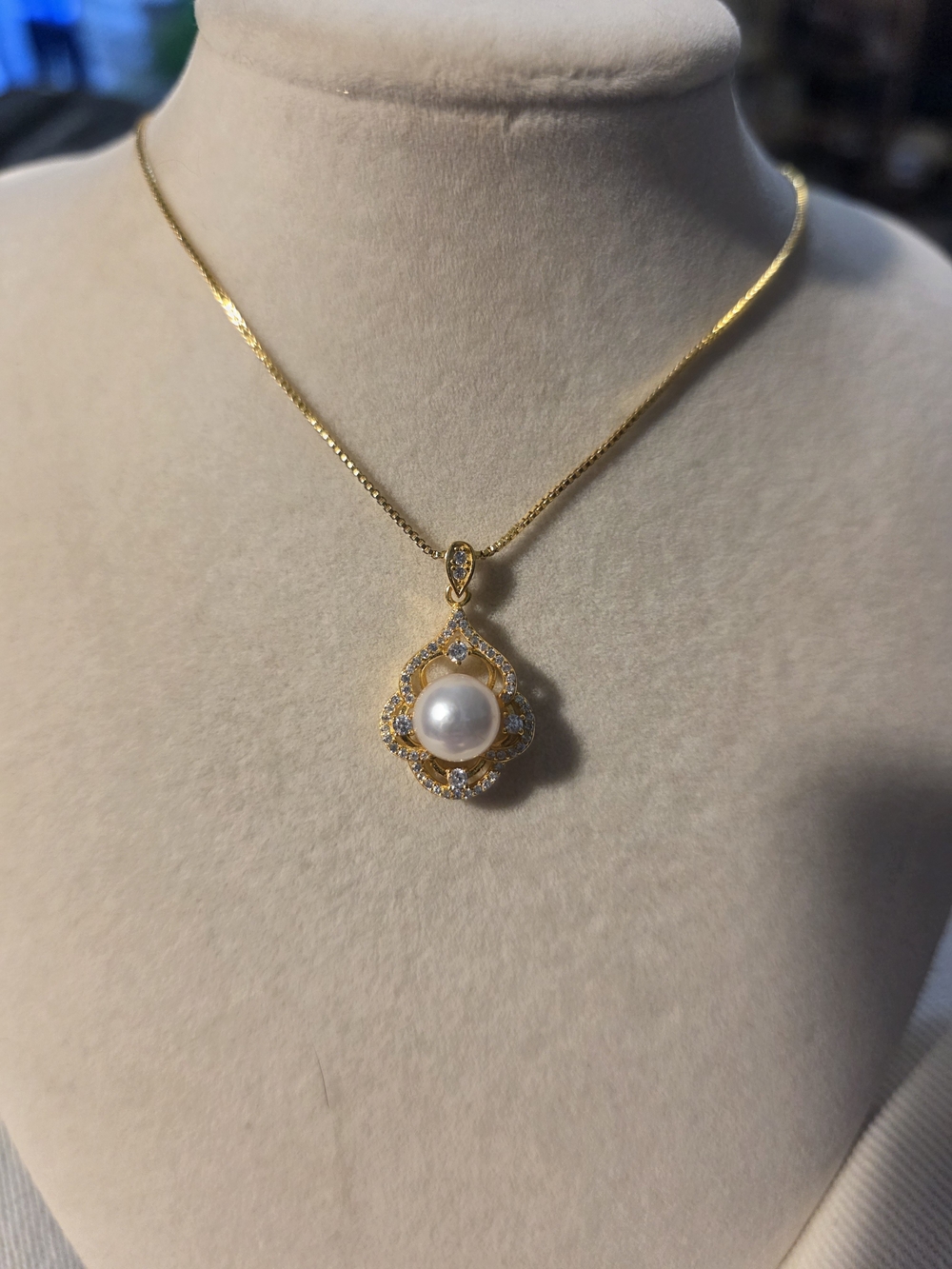 White Pearl Pendant Necklace with Crystal Halo - Women Jewelry
